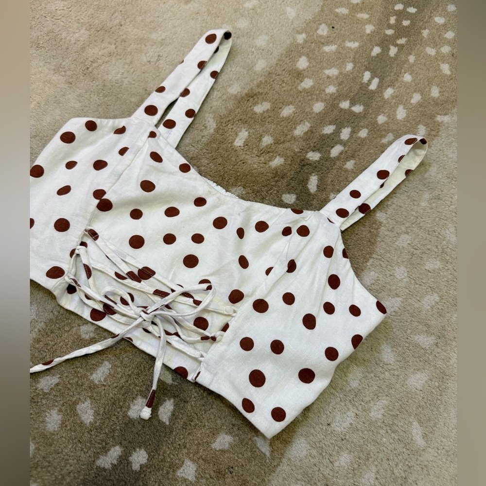 Abercrombie & Fitch BNWOT white brown polka dot crop front tie tank top women L - Picture 3 of 12